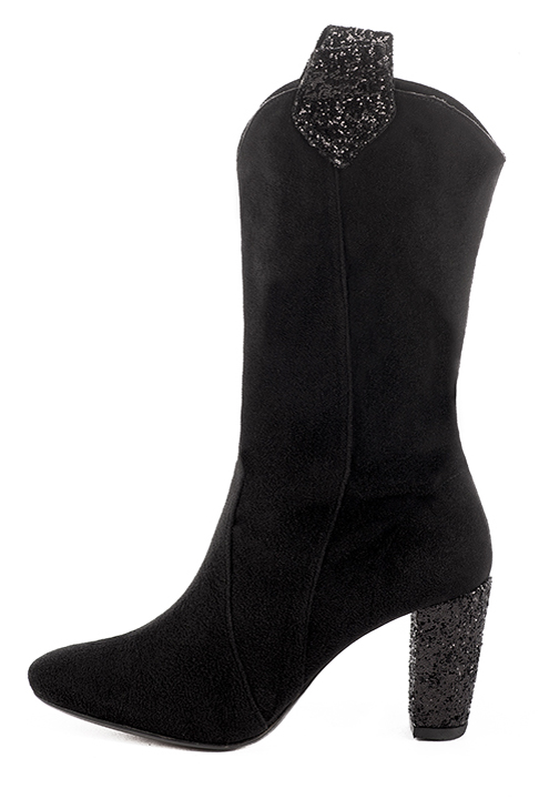 Matt black women's mid-calf boots. Round toe. High block heels. Made to measure. Profile view - Florence KOOIJMAN